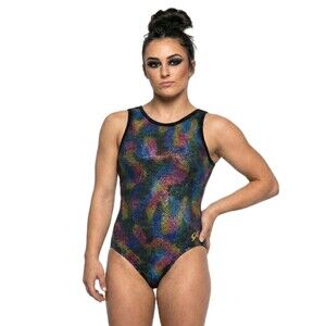GK Elite VTG Rainbow Star Graffiti Metallic Logo Cami Dance Leotard AL Adult L